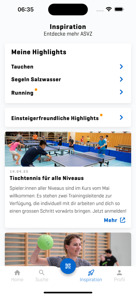 ASVZ - ASVZ mobile app Inspiration screen featuring personalized sports highlights and table tennis activities
