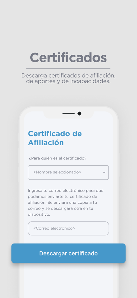 Tela do aplicativo móvel Nueva EPS para solicitar e baixar certificados de seguro saúde