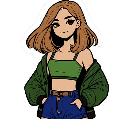 a realistic girl with a crop top and short shorts in an open jacket