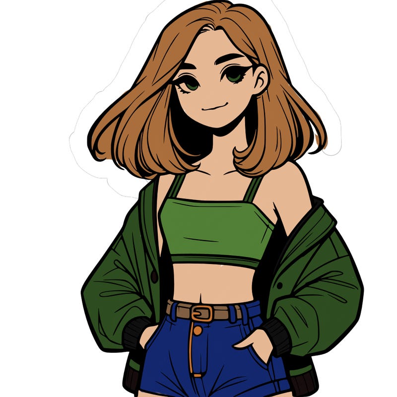 a realistic girl with a crop top and short shorts in an open jacket
