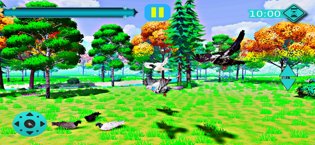 flying pigeon bird simulator - Gameplay screenshot of Flying Pigeon Bird Simulator showing pigeons flying and resting in a colorful forest setting with game UI controls.