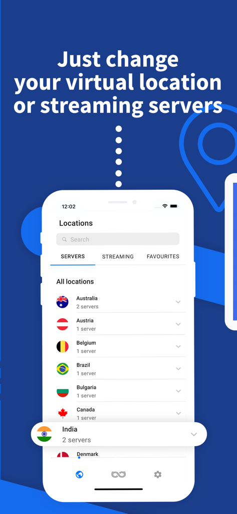 uVPN: Super Fast Secure VPN - Interface de l'application mobile uVPN montrant une liste d'emplacements de serveurs mondiaux pour changer votre emplacement virtuel pour un streaming et une navigation sécurisés.