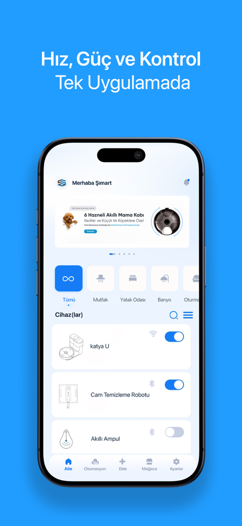 Şımart - Mobile interface of the Şımart smart home app showing connected IoT devices like a robot vacuum and smart bulb on an iPhone screen.