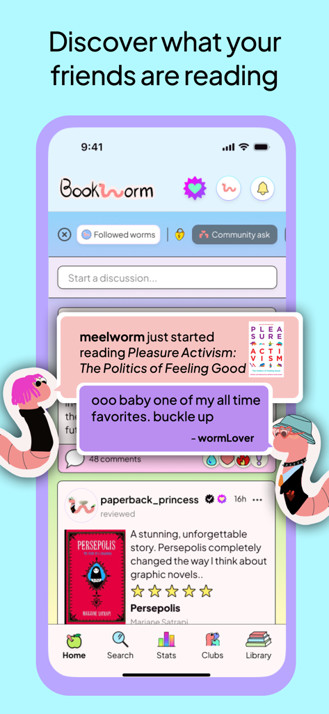 Bookworm Reads - A screenshot of the Bookworm Reads app social feed showing friends sharing book reviews and discussing their current reads with customizable worm avatars.