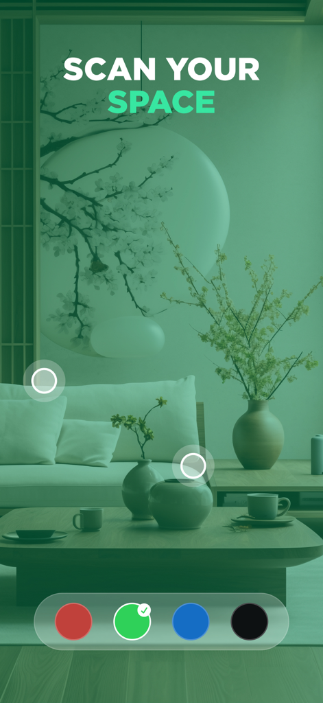 Interface de uma aplicação móvel mostrando um filtro de câmara verde a analisar uma sala à procura de dispositivos ocultos