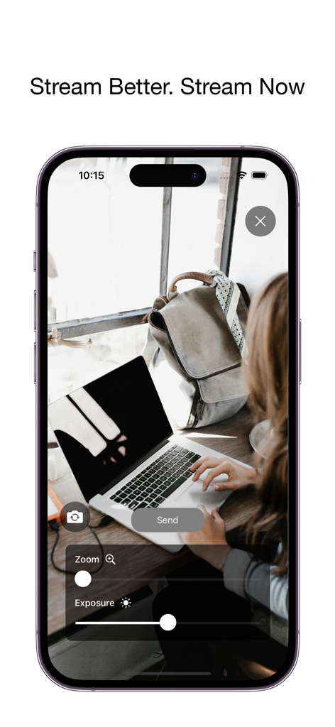 Pro Camera for OBS Studio - Pro Camera for OBS Studio App-Oberfläche mit manueller Zoom- und Belichtungssteuerung auf einem iPhone