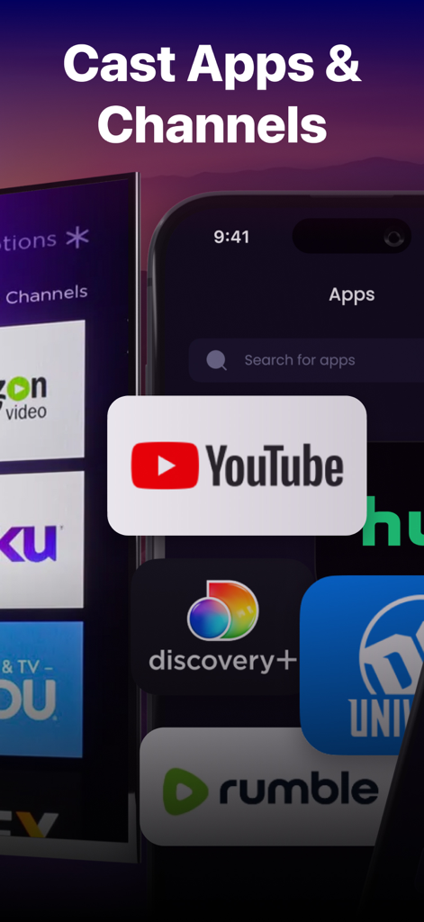 Roku TV Remote Control・ - Smartphone screen showing various streaming apps like YouTube and Hulu for casting to a Roku TV