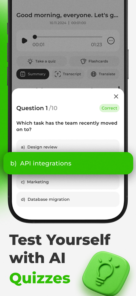 Noteum: AI Meeting Note Taker - Smartphone screen showing the Noteum app AI quiz feature with a multiple choice question about a team meeting.