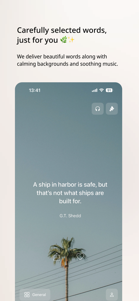 Motto - Daily Quotes - Mottoアプリの画面に、ヤシの木の背景とともにインスピレーション名言が表示されている様子