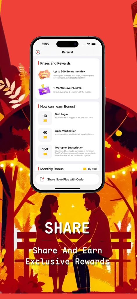 NovelPlus referral screen showing bonuses prizes and rewards for sharing the app with friends