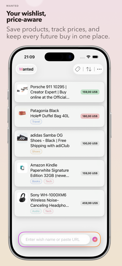 Wanted app wishlist screen displaying saved items with prices and tags