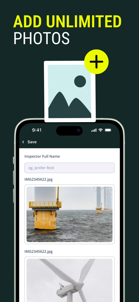 Fluix Tasks - Fluix Tasks mobile app interface showing the ability to add unlimited photos to a field inspection report for wind turbines.