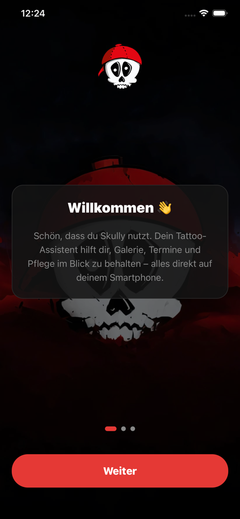 Tela de boas-vindas do aplicativo Skully Tattoo Assistent com o logo de caveira