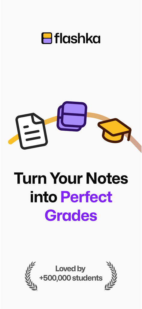 Flashka - AI Flashcards Maker - Pantalla de la aplicación Flashka mostrando el lema Transforma tus notas en calificaciones perfectas con iconos académicos y un hito de 500.000 estudiantes.
