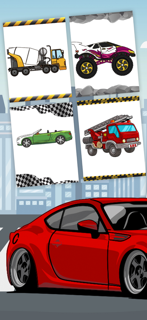 Magic cars coloring book game - Una selezione di pagine da colorare di veicoli tra cui un monster truck, un camion dei pompieri e auto sportive per bambini.