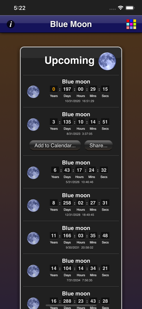 A list of upcoming Blue Moon events showing countdown timers and calendar integration options.