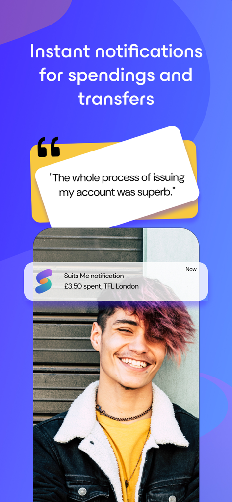 Suits Me - Banking Alternative - Ein mobiler Bildschirm, der eine sofortige Ausgabenbenachrichtigung von der Suits Me Banking-App und eine positive Kundenrezension zeigt