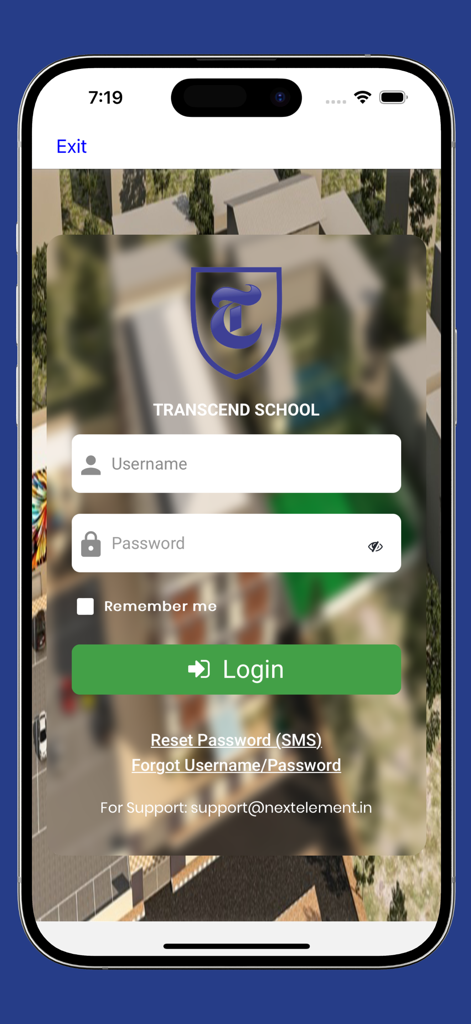 Transcend Education - Pantalla de inicio de sesión de la aplicación móvil Transcend Education que muestra campos de nombre de usuario y contraseña.