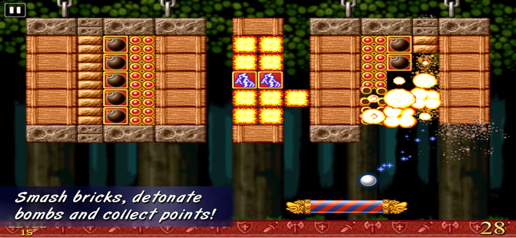 Classic brick breaker gameplay in Bricks of Camelot featuring medieval power ups and exploding bricks