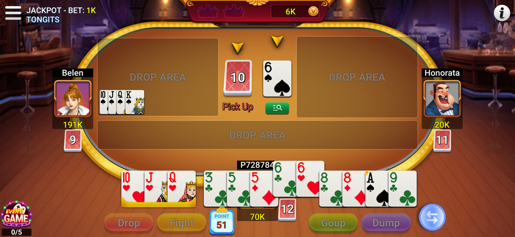 Poker & Slots - Poker Offline - Gameplay interface of the Tongits card game showing player hands and chip balances
