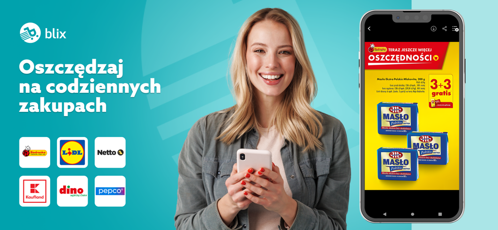 Blix - Gazetki Promocyjne - A smiling woman holding a smartphone with the Blix app showing digital grocery circulars and various retail store logos