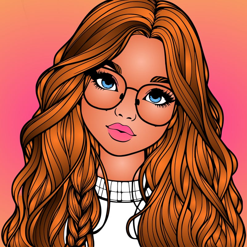 girl with long hair and freckles and glasses realistic
