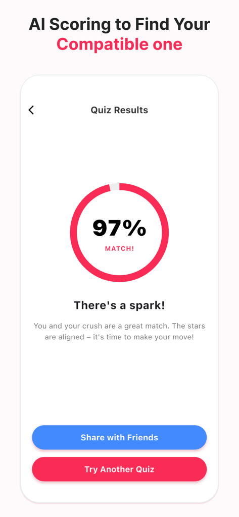 Love Test: Do they like me? - A screenshot of the Love Test app showing a 97 percent compatibility match score with a crush.
