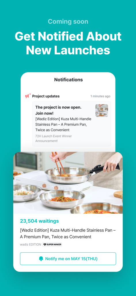 A mobile app interface from Wadiz showing a notification for a new project launch and a stainless pan crowdfunding campaign.