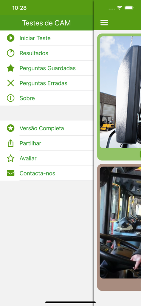 Side menu of Testes de CAM app with test options for truck and bus driver certification