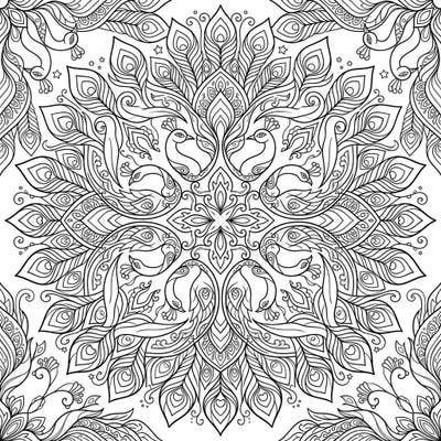 Immerse yourself in the captivating beauty of this intricate peacock mandala coloring page, perfect for adults and teens seeking a calming creative escape. Discover a symmetrical design filled with elegant peacocks and elaborate feather details waiting for your artistic touch.