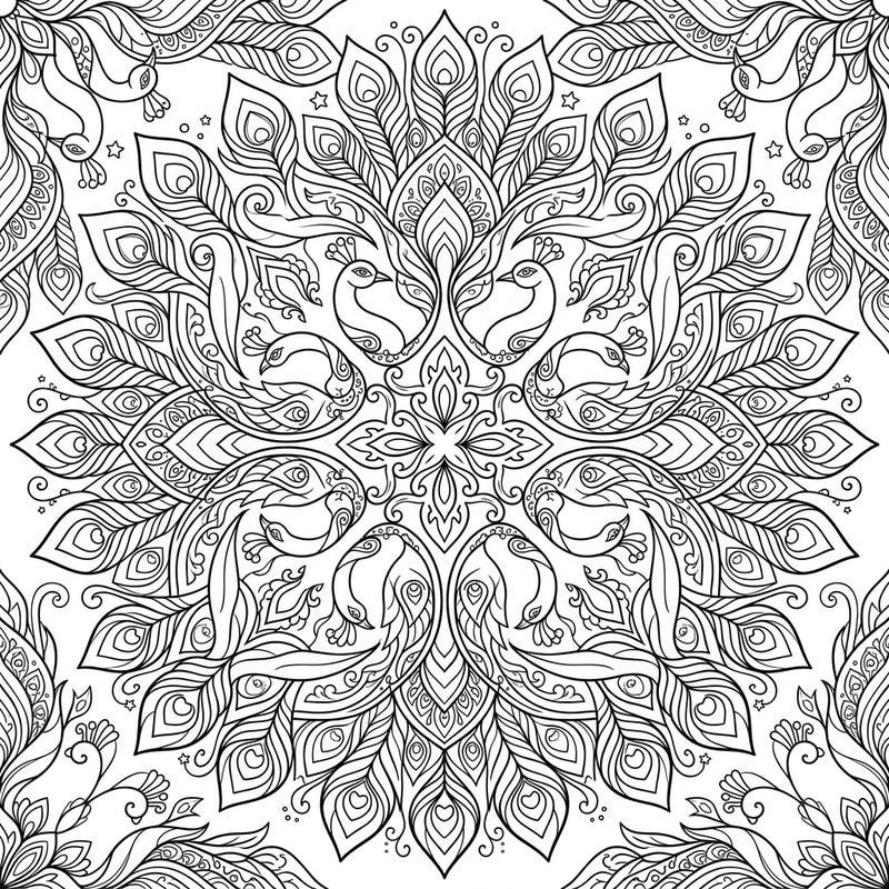 Immerse yourself in the captivating beauty of this intricate peacock mandala coloring page, perfect for adults and teens seeking a calming creative escape. Discover a symmetrical design filled with elegant peacocks and elaborate feather details waiting for your artistic touch.