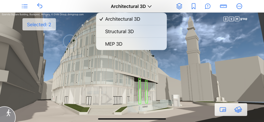 Un modelo arquitectónico 3D en la aplicación BIMx que muestra un menú desplegable para seleccionar entre vistas arquitectónicas, estructurales y MEP.