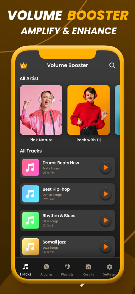 Equalizer Fx : Volume Booster - Equalizer Fx Volume Booster app interface with music track list