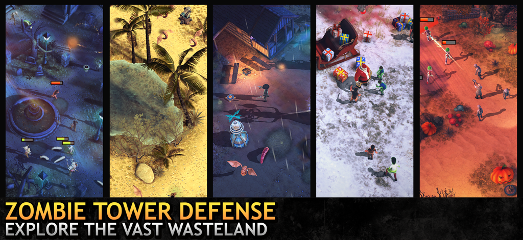 Last Hope TD - Last Hope TD gameplay showcasing multiple wasteland environments for zombie tower defense strategy