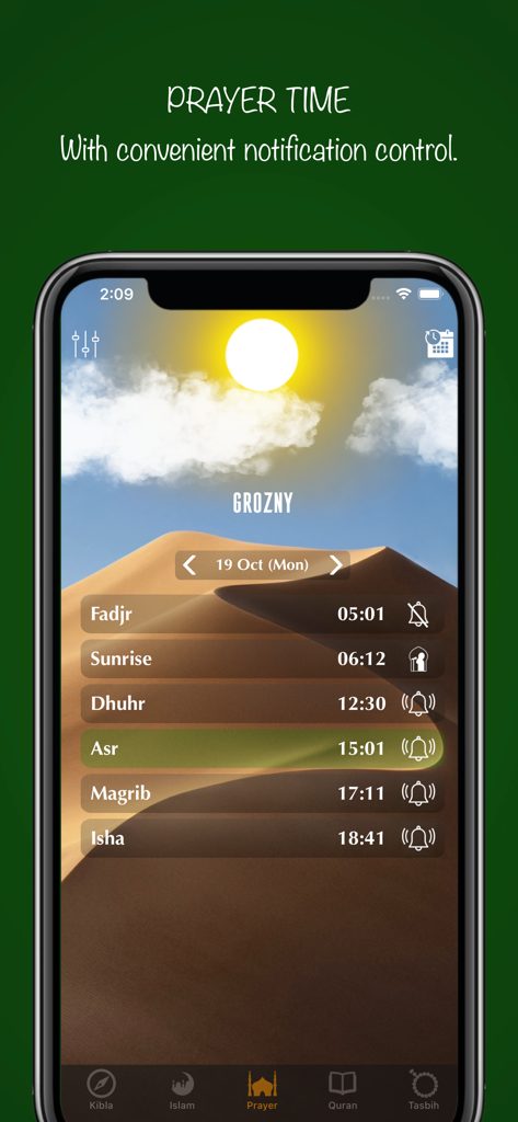 Muslim Watch - Muslim Watch app interface displaying daily prayer times with notification settings and a desert background.
