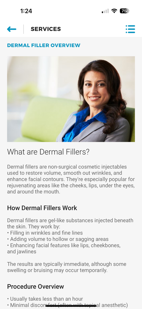 A mobile app screen for myTouchMD displaying educational content about dermal filler services including an overview and procedure details