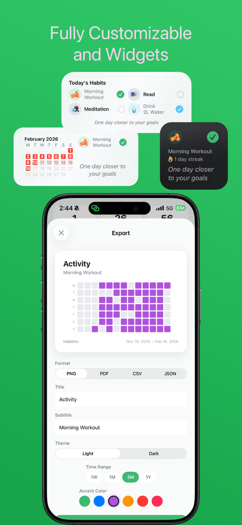Habitro - Habit Tracker - Interfaz de la aplicación Habitro que muestra widgets personalizables de la pantalla de inicio y la pantalla de exportación de datos de actividad con mapas de calor y opciones de formato
