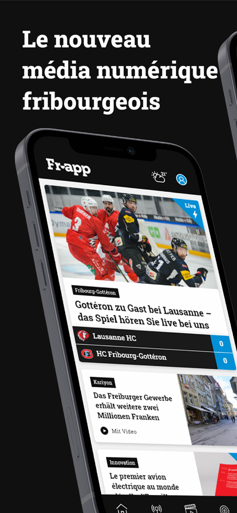 Frapp - Oberfläche der Frapp-Mobil-App, die regionale Nachrichten und Sport-Updates aus der Region Freiburg im Dark Mode anzeigt