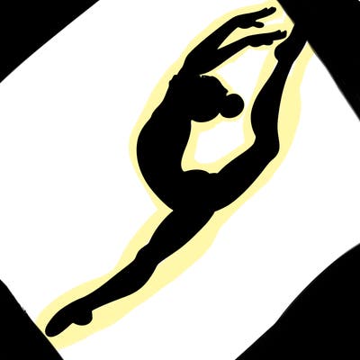 gymnast doing a leap in a leotard with a bent back leg