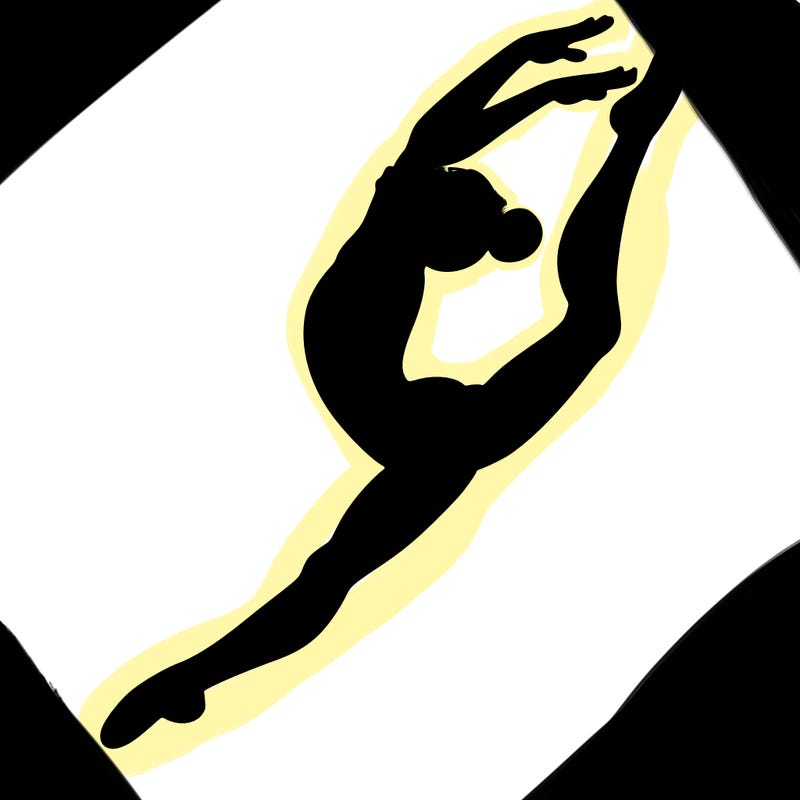 gymnast doing a leap in a leotard with a bent back leg