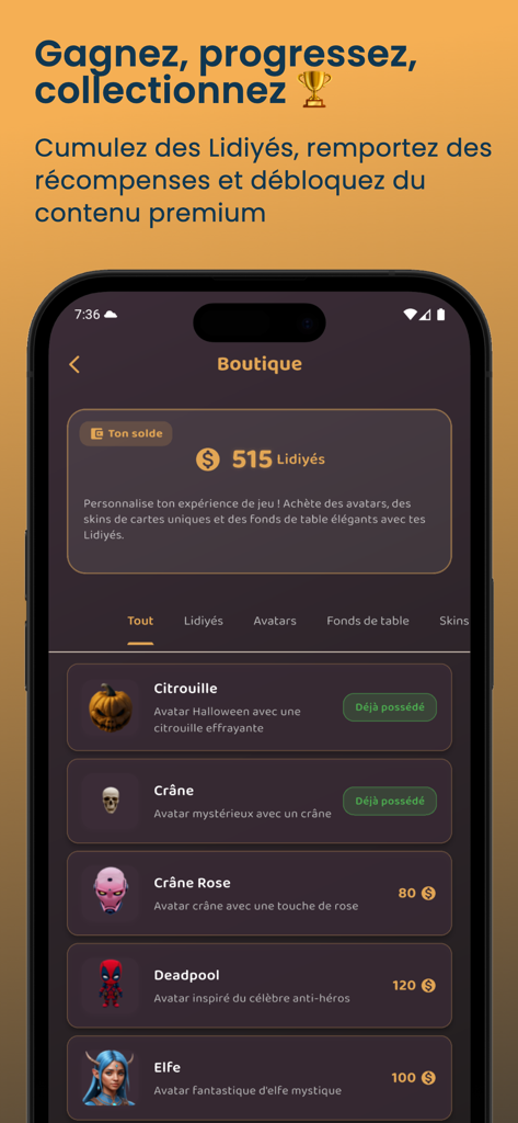 Sipa, jeu de cartes - The virtual shop of the Sipa card game showing avatars and Lidiyes currency