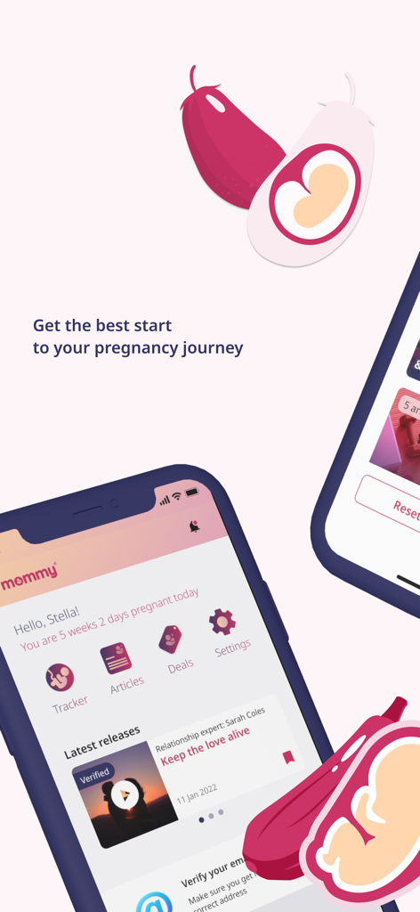 Mommy+ Pregnancy Tracker - Mommy Plus Pregnancy Tracker app dashboard showing weekly pregnancy progress and healthcare articles.