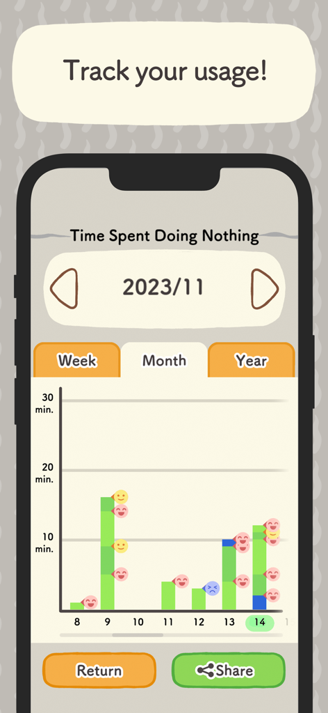 Do Nothing. - A monthly bar graph in the Do Nothing app showing time spent doing nothing with colorful status icons.
