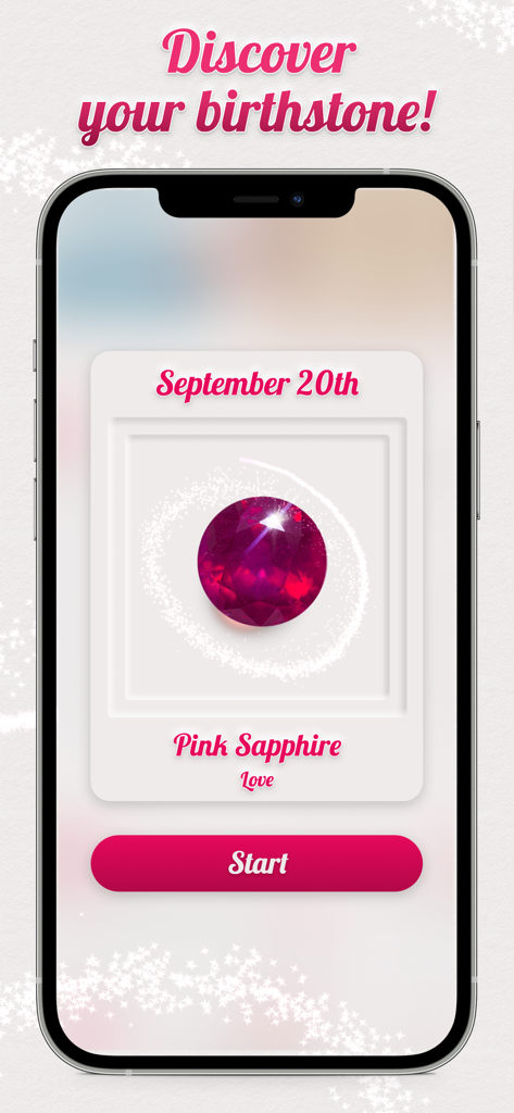 Dazzly app interface displaying a sparkling Pink Sapphire as the birthstone for September 20th