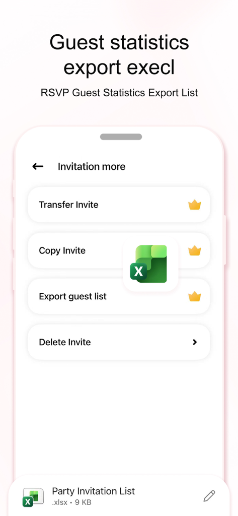Interfaccia di un'app mobile che mostra la funzione di esportazione delle statistiche degli invitati in un foglio di calcolo Excel per la pianificazione di eventi