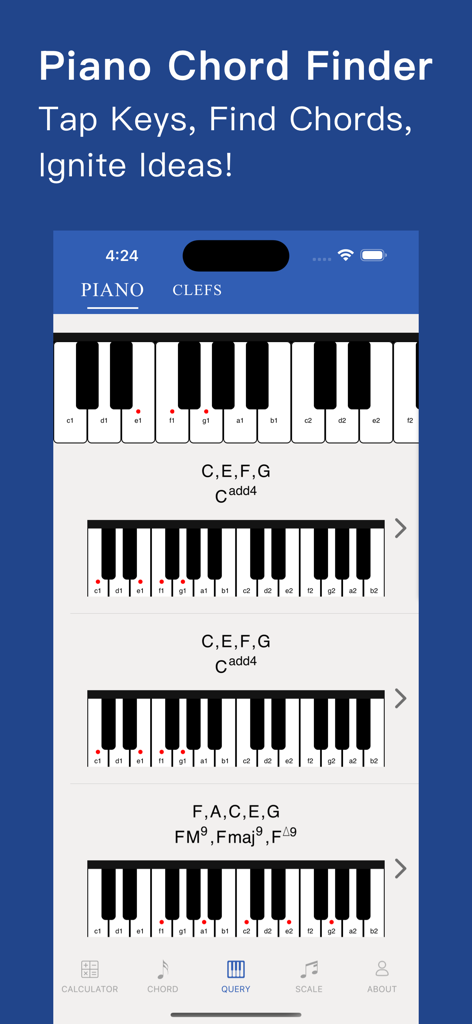 Interface da ferramenta Piano Chord Finder dentro do aplicativo Music Tutor mostrando diferentes variações de acordes em um teclado digital.