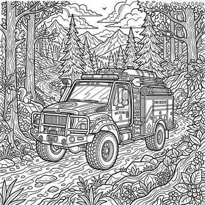 Embark on a thrilling artistic journey with our wildland fire engine coloring page, specially designed to captivate teens. This detailed illustration features a powerful rescue vehicle navigating a scenic forest, perfect for advanced colorists seeking a challenge.