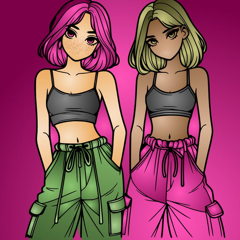 two girls with crop top with baggy pants