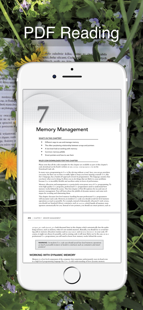 Aplicativo Leitor de PDF Versão Mini em um iPhone exibindo um capítulo de livro técnico sobre gerenciamento de memória
