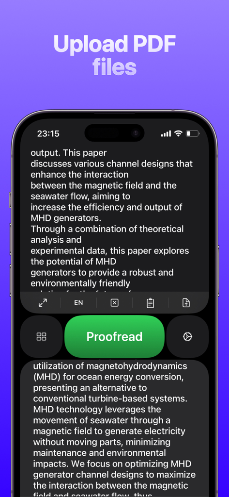 Rewordアプリのインターフェース。PDFファイルをアップロードして、テキストの校正や言い換えを行うオプションが表示されています。